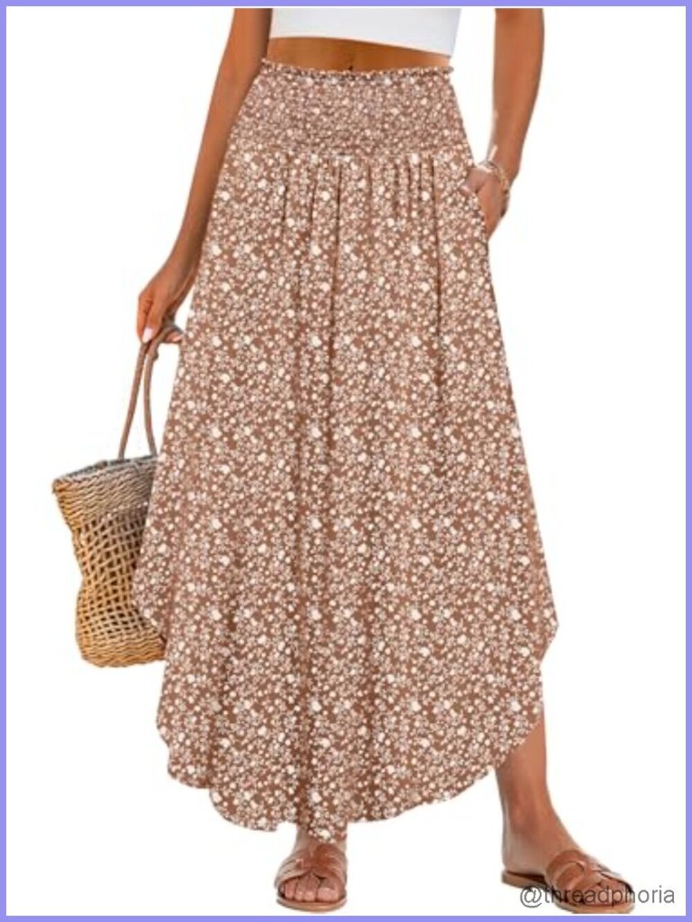 Maxi Skirt Boho Floral High Waisted Flowy Swing Pleated Long Skirt with Pockets